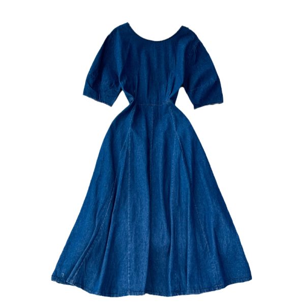 summer New Retro High Waist Hepburn Style Tight Waist Slimming round Neck Denim Dress Swing Long Dress - Image 6