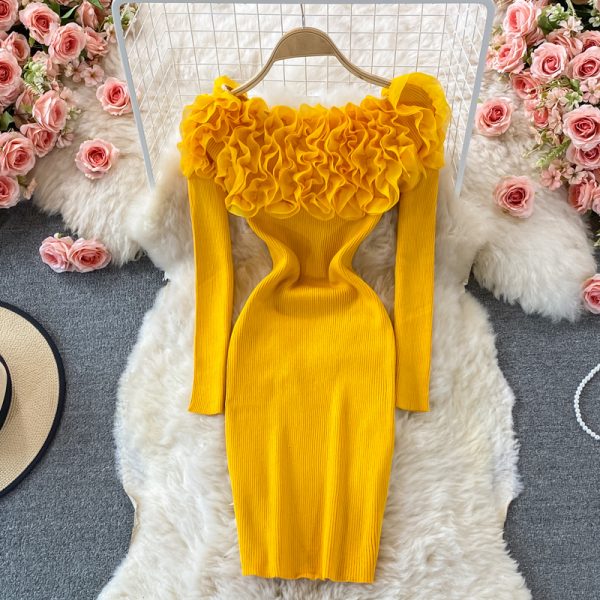 Three-Dimensional Flower off-Shoulder Long Sleeve Bottoming Sweater Hip Skirt Autumn and Winter Tight Stretch Knitted Dress - Image 2