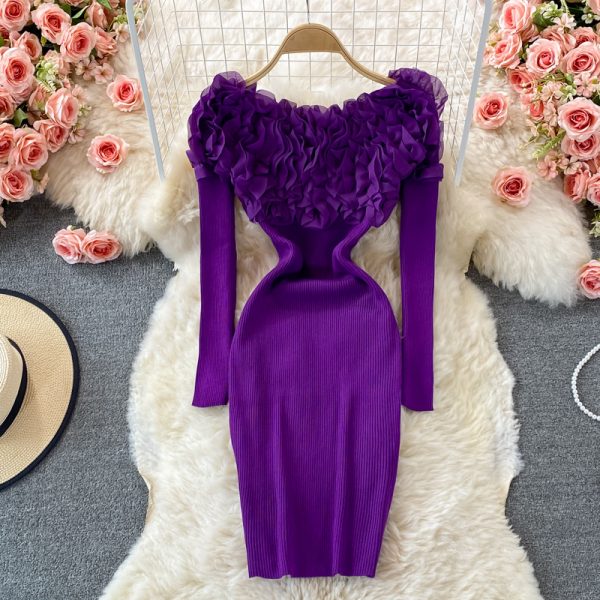 Three-Dimensional Flower off-Shoulder Long Sleeve Bottoming Sweater Hip Skirt Autumn and Winter Tight Stretch Knitted Dress - Image 4