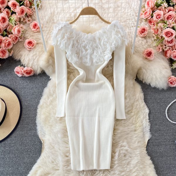 Three-Dimensional Flower off-Shoulder Long Sleeve Bottoming Sweater Hip Skirt Autumn and Winter Tight Stretch Knitted Dress - Image 5