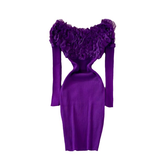 Three-Dimensional Flower off-Shoulder Long Sleeve Bottoming Sweater Hip Skirt Autumn and Winter Tight Stretch Knitted Dress - Image 6