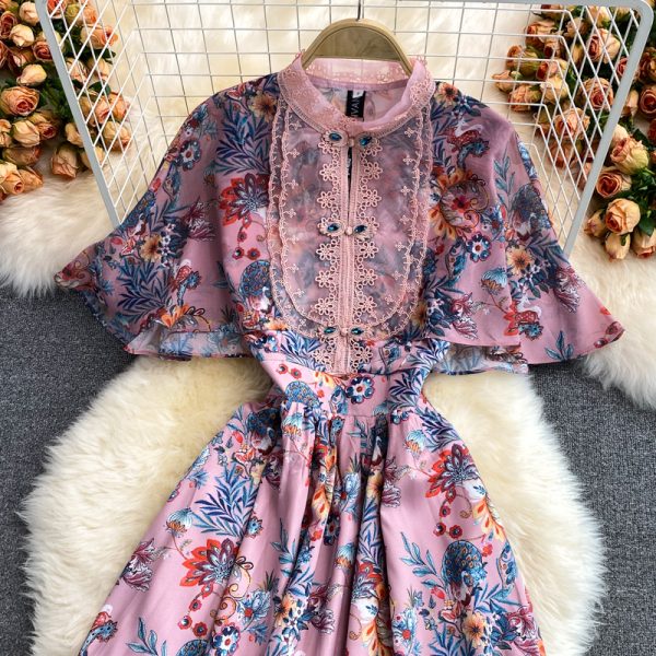 Summer Shawl Improved Cheongsam Western Style Chiffon Floral Dress Vintage Buckle Summer Figure Flattering Wide Hem Long Dress - Image 3