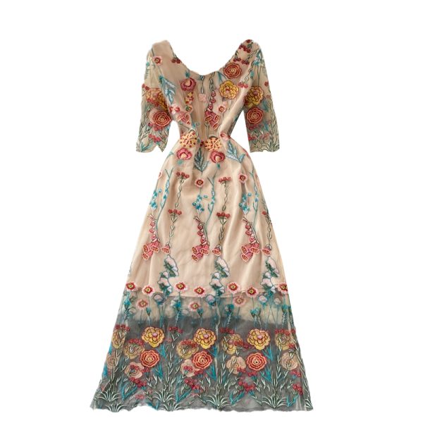 Summer New Women's Fairy Dress Heavy-Duty Tight Waist Embroidered Flower Mesh V-neck High Waist Dress 3/4 Sleeve - Image 6