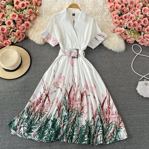 European Station Summer New French Retro Short Sleeve Printed Long Dress Waist Slimming Floral Large Swing Dress - Image 2