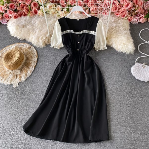 Retro Fake Two Pieces Square Collar Dress Short Sleeve Spring New Elegant Chic Waist-Tight Lady Mid-Length Skirt - Image 3