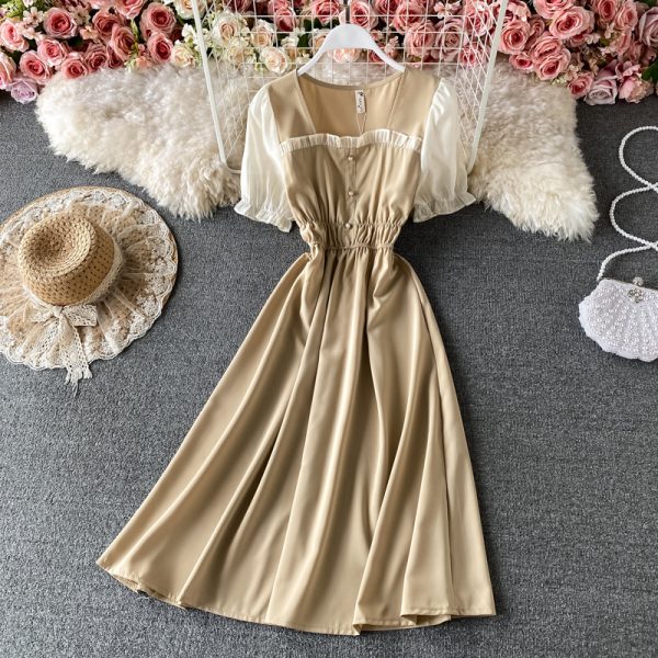 Retro Fake Two Pieces Square Collar Dress Short Sleeve Spring New Elegant Chic Waist-Tight Lady Mid-Length Skirt - Image 4