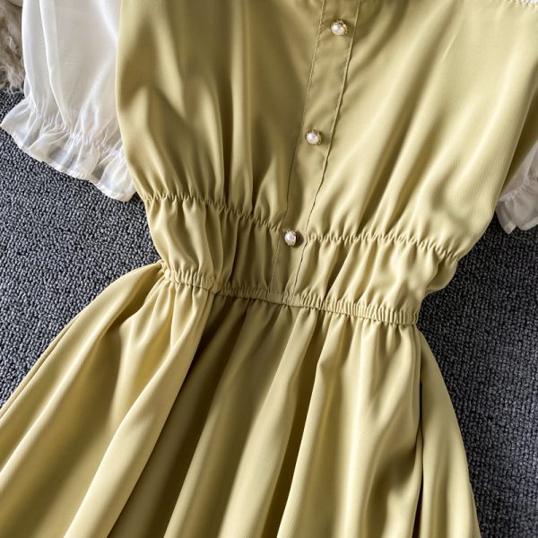 Retro Fake Two Pieces Square Collar Dress Short Sleeve Spring New Elegant Chic Waist-Tight Lady Mid-Length Skirt - Image 5