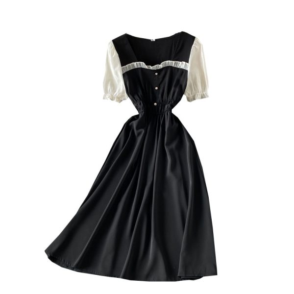 Retro Fake Two Pieces Square Collar Dress Short Sleeve Spring New Elegant Chic Waist-Tight Lady Mid-Length Skirt - Image 6