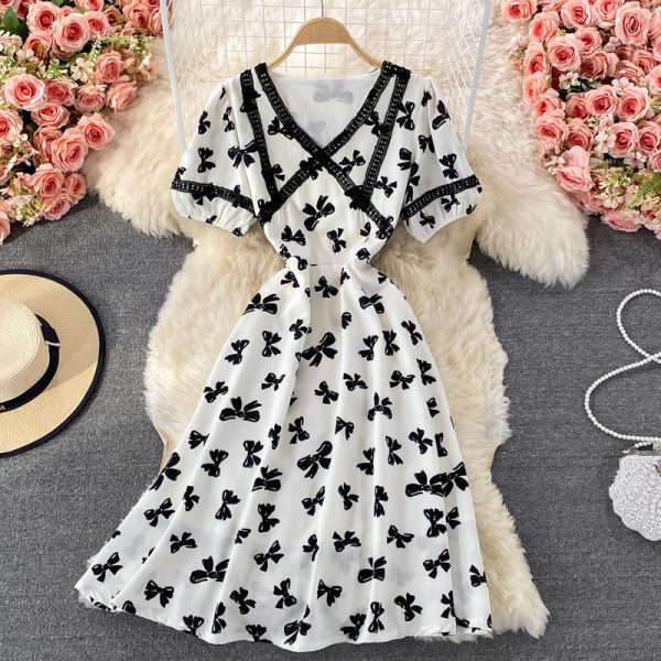 French First Love Sweet Dress Female Summer Bow Printed V-neck Waist Temperament Midi Skirt Short Sleeve - Image 2