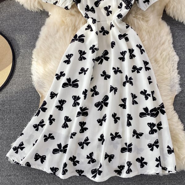 French First Love Sweet Dress Female Summer Bow Printed V-neck Waist Temperament Midi Skirt Short Sleeve - Image 4
