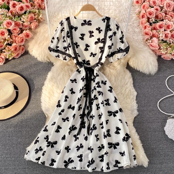 French First Love Sweet Dress Female Summer Bow Printed V-neck Waist Temperament Midi Skirt Short Sleeve - Image 5