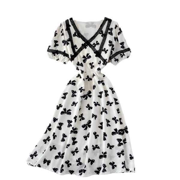 French First Love Sweet Dress Female Summer Bow Printed V-neck Waist Temperament Midi Skirt Short Sleeve - Image 6