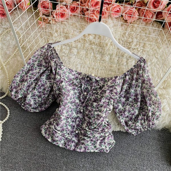 Women's Floral Chiffon Shirt Summer Fashionable Square Collar Puff Sleeve Pleated Slim-Fit Short Exposed Navel Heather Top - Image 4
