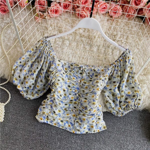 Women's Floral Chiffon Shirt Summer Fashionable Square Collar Puff Sleeve Pleated Slim-Fit Short Exposed Navel Heather Top - Image 5
