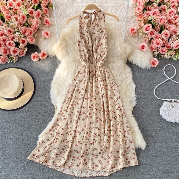 Summer New Korean Style V-neck Halter Printed Floral Skirt Women's Mid-Length Temperament Waist-Controlled Backless Dress