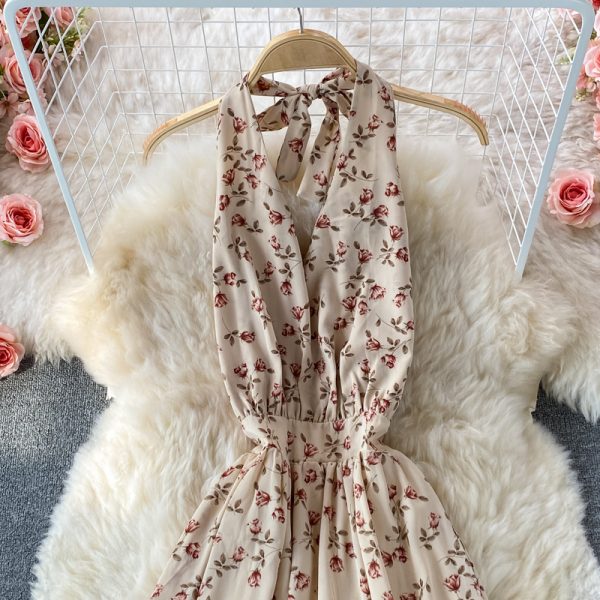 Summer New Korean Style V-neck Halter Printed Floral Skirt Women's Mid-Length Temperament Waist-Controlled Backless Dress - Image 3
