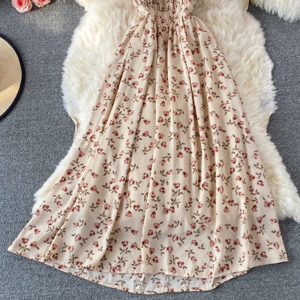 Summer New Korean Style V-neck Halter Printed Floral Skirt Women's Mid-Length Temperament Waist-Controlled Backless Dress - Image 4