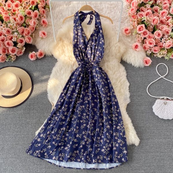 Summer New Korean Style V-neck Halter Printed Floral Skirt Women's Mid-Length Temperament Waist-Controlled Backless Dress - Image 5