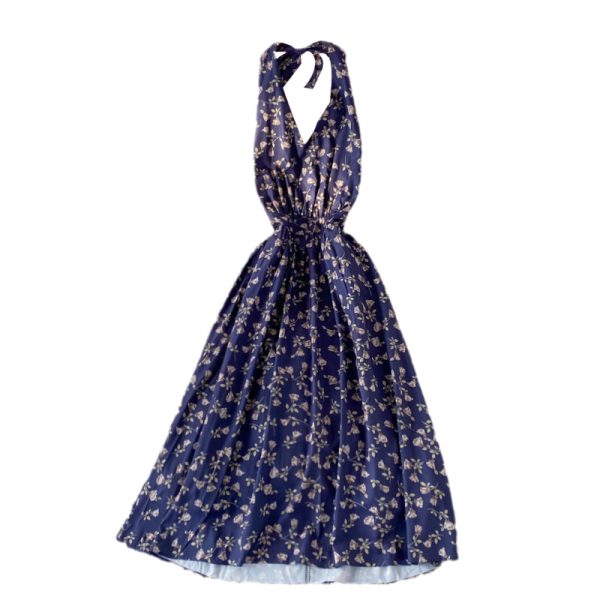 Summer New Korean Style V-neck Halter Printed Floral Skirt Women's Mid-Length Temperament Waist-Controlled Backless Dress - Image 6