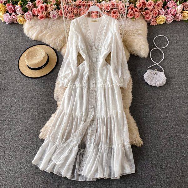 V-neck dress aristocratic temperament big pendulum lightly cooked long sleeve cultivate one's morality dress