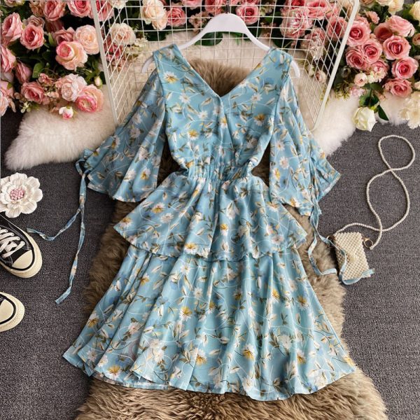 Beach Dress Women's Seaside Holiday V-neck Dress New Inspirational Backless Waist Slimming Chiffon Floral Dress - Image 2