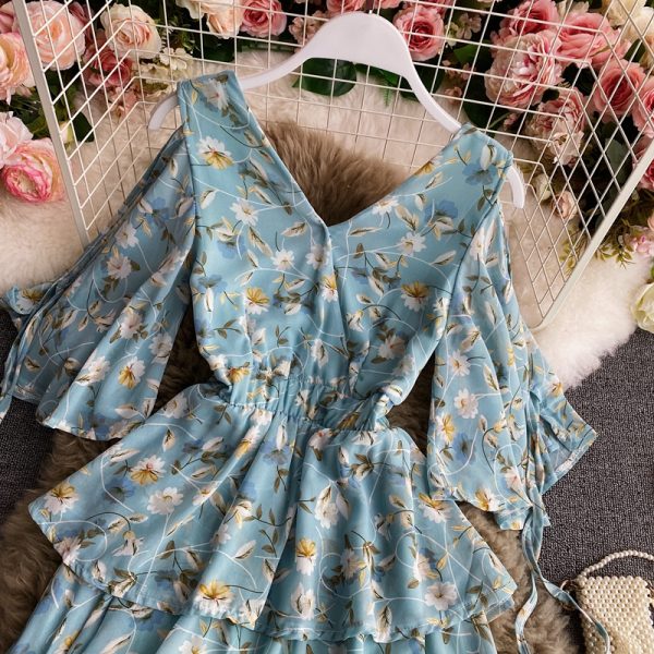 Beach Dress Women's Seaside Holiday V-neck Dress New Inspirational Backless Waist Slimming Chiffon Floral Dress - Image 3