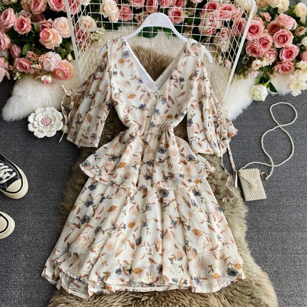Beach Dress Women's Seaside Holiday V-neck Dress New Inspirational Backless Waist Slimming Chiffon Floral Dress - Image 4