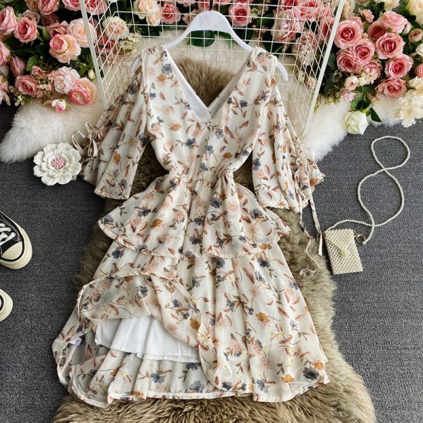 Beach Dress Women's Seaside Holiday V-neck Dress New Inspirational Backless Waist Slimming Chiffon Floral Dress - Image 5
