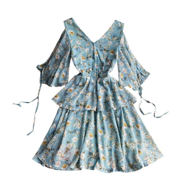 Beach Dress Women's Seaside Holiday V-neck Dress New Inspirational Backless Waist Slimming Chiffon Floral Dress - Image 6
